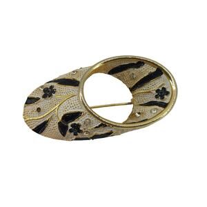 Vintage BSK Brooch White Black Floral Rhinestone Gold Tone Base